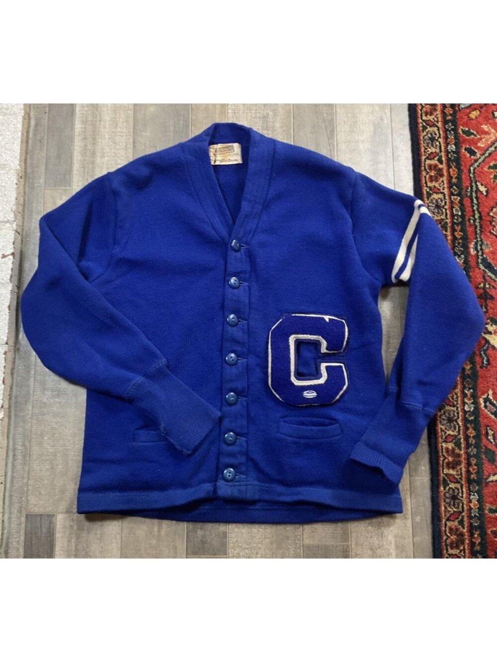 True Vintage 1940s 50s Coleman Knitting Mills Wool Varsity Sweater Football Blue